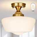 Bagood 12" Brass Schoolhouse Lights Fixture Milk Glass Light Fixtures Mid Century Light Fixtures School House Lights Fixture Ceiling Semi Flush Mount Ceiling for Bathroom Bedroom (Bulb Incl.)