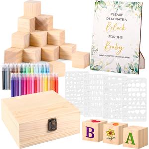 92Pcs Baby Shower Blocks Kit Wooden, Fun 50 DIY Blank Block 36 Acrylic Paint Markers Baby Shower Prize for Gender Reveal Game Party Decorate