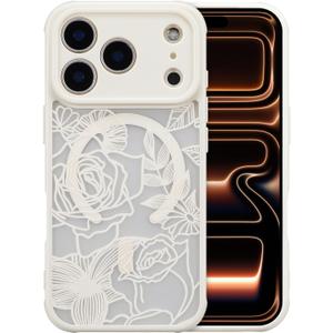 XIZYO Magnetic Case for iPhone 17 Pro Max Floral Rose Cute Phone Case [Compatible with Magsafe] for Women Girls Aesthetic Pattern Slim TPU Shockproof Bumper Cover, White