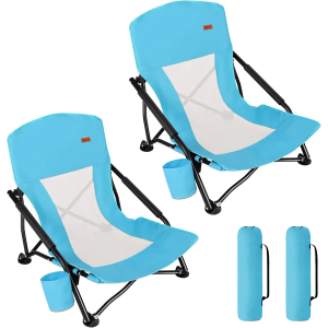 TOBTOS Low Beach Chair, Beach Chairs for Adults 2 Pack, Low Profile Folding with Cup Holder & Carry Bag, Heavy Duty Chair for Outdoor Sand, Camping, Concert, Travel