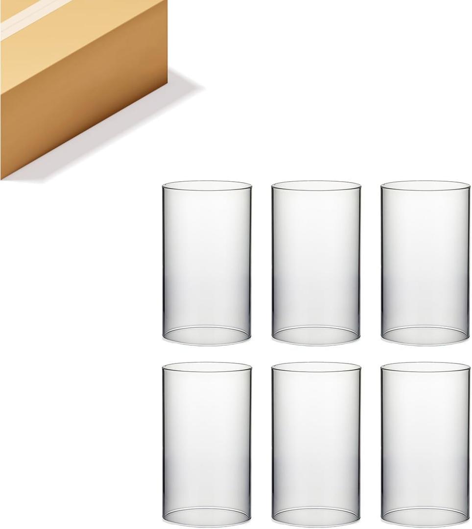 WGVI Clear Hurricane Candle Holder Sleeve, Wide 3.5", Height 6", 6 Pieces, Hurricane Vase, Glass Cylinder Open Ended Chimney Shade Tube For Pillar and Tapered Candleholder, Flame Cover.