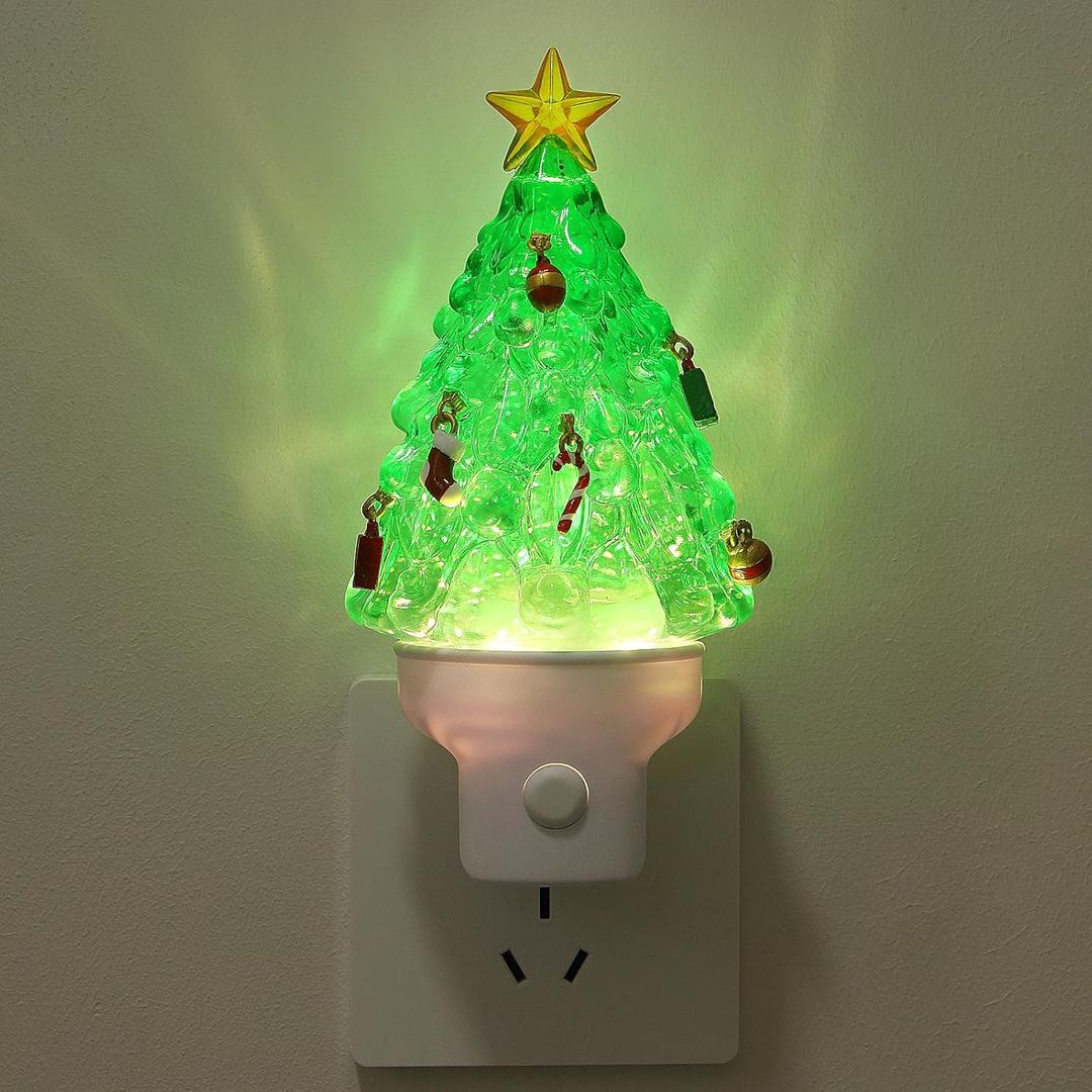 Christmas Night Lights Plug into Wall Glitter Christmas Tree Nightlights with USB/Outlet Options, Xmas Night Lights Decorative for Bedroom Living Room Kitchen Nursery Holiday Decorations Gifts (Tree) (1 Pack)