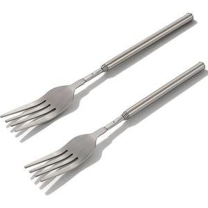 Extendable Fork, 8.7" to 25.4" Telescopic BBQ Fork, Stainless Steel Expandable Dinner Fork for BBQ, Fruit, Dessert & Prank Tableware, Long Extendable Handle Cutlery (2pcs)