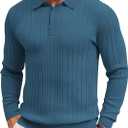 COOFANDY Men's Knit Polo Shirts Long Sleeve Casual Button Down Ribbed Polo Shirt Fashion Golf Shirts (XX-Large, Blue)