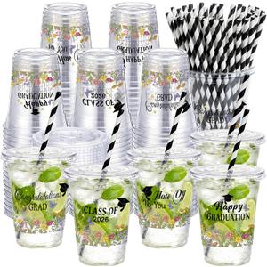 Patelai 60 Set 16oz Black Bow Graduation Cups Bulk Coquette Disposable Plastic Cups with Lids and Straws Black Graduation Decorations 2026 Congrats Grad Party Tableware for Drinks Beer Cocktails