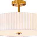 Bargeni 16.5 Inch Semi Flush Mount Ceiling Light Fixture,Gold Finish with Pleated Fabric Shade,3-Light Flush Mount Ceiling Light,Modern Light Fixtures Ceiling Mount for Bedroom,Hallway,Nursery Room