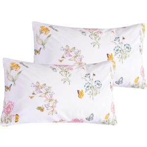 QSH 100% Egyptian Cotton Floral Pillow Cases Standard Size Set of 2, Butterfly Flowers Print Pattern Bedding Pillow Shams Standard Size, Envelope Closure Standard Pillows Covers (20"x26")