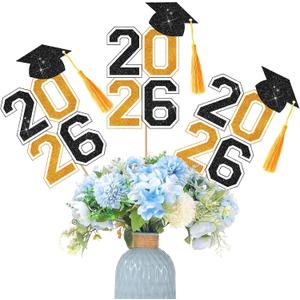 10 Pcs Graduation Table Centerpieces Sticks with Tassels, class of 2026 Grad Cap Picks Table Decoration Cupcake Toppers for Party Centerpiece Decoration Supplies(Black and Gold)
