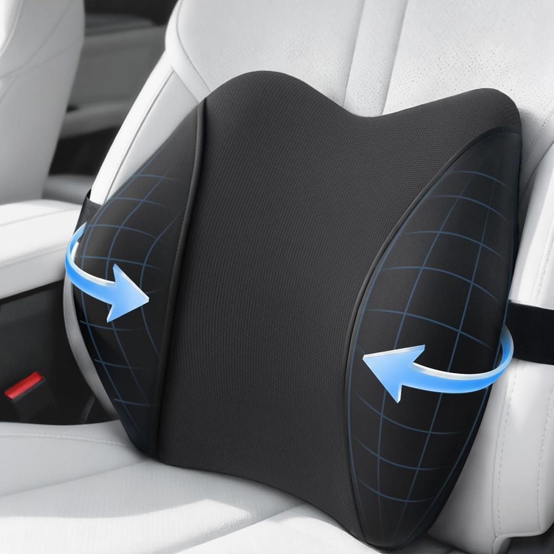 Lumbar Support Pillow for Car Seat High-Density Memory Foam, Provides Comfort for Long Drivers, Relieves Lower Back Discomfort, Adjustable Strap Stays Put, Fits Most Cars, SUVs & Trucks (Black)