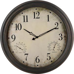 18 Inch Wall Clock, Retro Outdoor Clock Non-Ticking Waterproof Indoor Outdoor Clock with Thermometer, Bronze