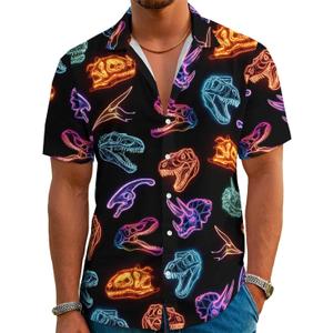 Funny Neon Hawaiian Shirt for Men Button Down Tropical Beach Aloha Shirt Summer Holiday Glow Party Outfits (X-Large, Dinosaur)
