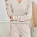 Womens Ribbed Knit 2 Piece Lounge Sets Outfits Long Sleeve Top and Shorts Pajama Sets Loungewear with Pockets