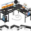 Unikito Reversible L Shaped Desk with Magic Power Outlets and USB Charging Ports, Sturdy Corner Computer Desk with Storage Shelves, Gaming Table Home Office Desk, Easy to Assemble, Black