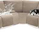 Reclining Sectional Couch Covers 100% Waterproof Velvet L Shape Recliner Sofa Cover for Dogs Pets Washable Anti Slip Recliner Slipcovers with Pockets (5 Seat Sofa with 1 Console, Khaki)
