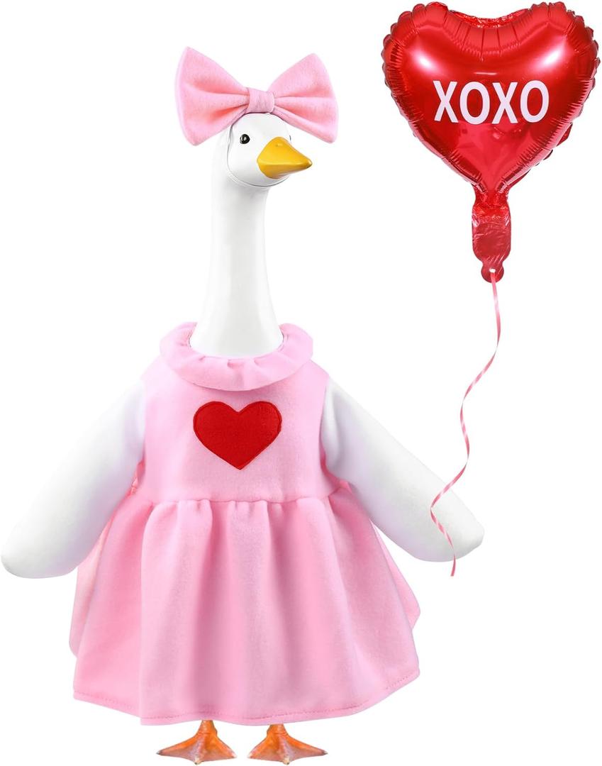 Valentine's Day Goose Outfit with Balloon for 23" Porch Goose Holiday Pink Red Heart Cloths Costume Valentines Party Outdoor Garden Patio Yard Lawn Art Decoration