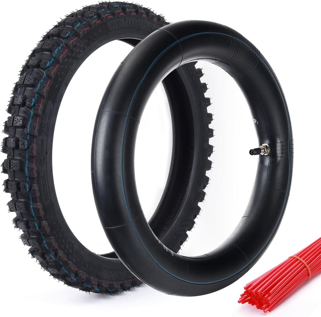 Wear-Resistant, Hyssk 60/100-14 (2.50-14) 6PR DOT-Certified, Heavy-Duty Dirt Bike Front Tire and Inner Tube, for CRF70/110, KLX110, 110cc & 125cc Off-Road Pit Bike