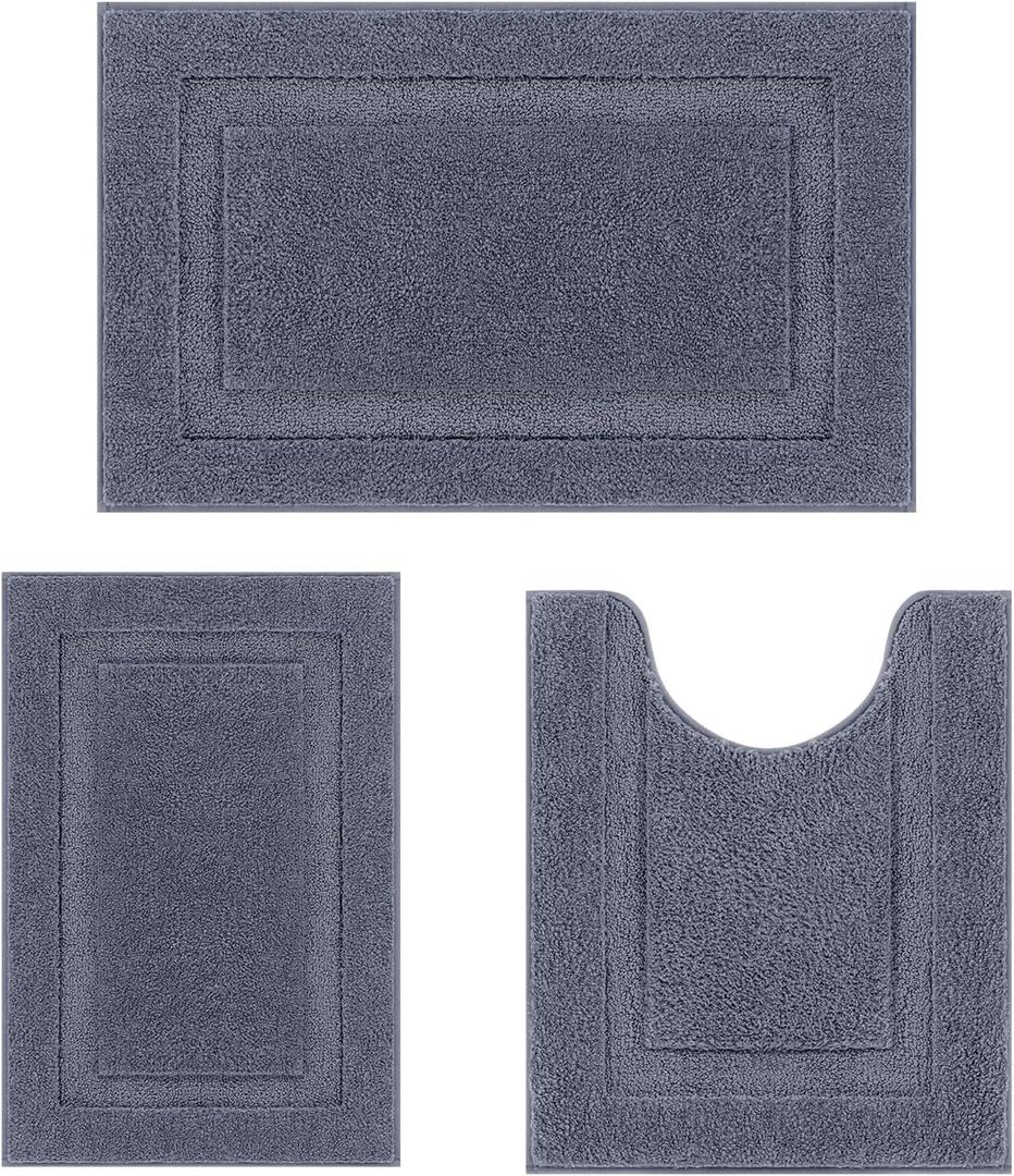 SHACOS Grey Bathroom Rugs Sets 3 Piece, 16"x24" + 20"x32" Non Slip Bath Mat and 20"x24" Toilet Rugs U Shaped Washable, Soft Fluffy Water Absorbent Bath Rugs for Bathroom