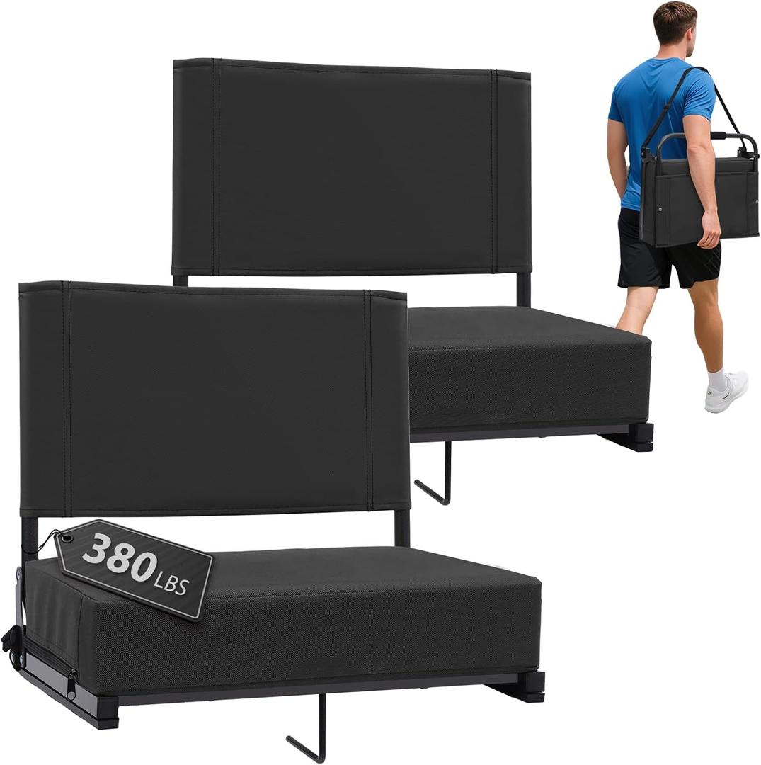 Sekey Stadium Seats with Back Support 2pcs Padded Portable Bleacher Seat with Handle Shoulder Strap - Wide Bleacher Chair with Back and Cushion for Sports & Outdoor Events Black