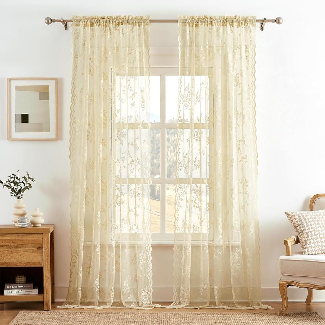 Beige Lace Curtains 90 Inches Long Victorian Floral Sheer Curtains for Living Room Bedroom Decor Drapes Rod Pocket Light Filtering French Window Curtain 2 Panels Set for Dining Room, 52x90