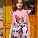 mksodop Girls outfits 2-Piece ruffled short sleeve butterfly floral print high waist floral shorts girls summer clothes (Pink, S)