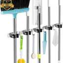 AceMining 5 Racks and 4 Hooks Mop and Broom Holder Wall Mount, Broom Organizer Storage Tool Racks Stainless Steel Heavy Duty Hooks Self Adhesive Solid Non-slip for Home Kitchen Garden Laundry Garage