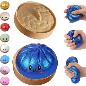 Glitter Dumpling Squishy,Dumpling Squishies,Glitter Dumpling Mystery Box,Colorful Dumpling Stress Balls Fidget,Jumbo Squishy Toy with Steamer Box,Soft Squeeze Decompression Dough (Glitter Blue)