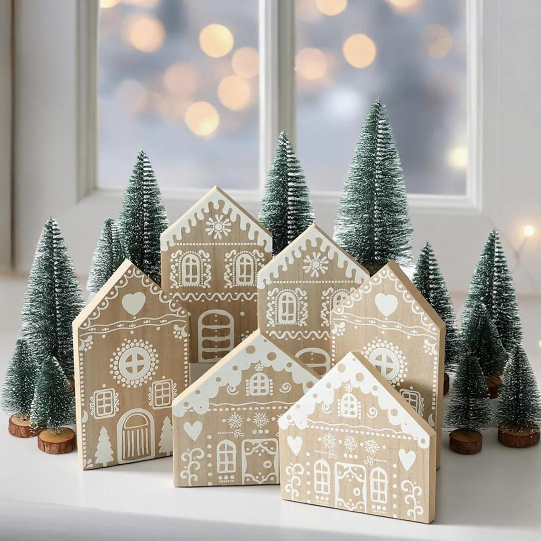 18 Pcs Christmas Village Decoration Set Include 6 Wooden Gingerbread House Sign and 12 Mini Christmas Tree for Mantel Block Farmhouse Tabletop Holiday Xmas Home Room Decor Ornaments