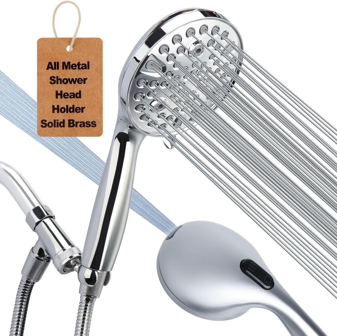 Shower Head Handheld with All Metal Showerhead Holder and Extra Long Hose 6 ft. 10 Spray Mode High Pressure Built-in Power Wash Hand Held Showerhead, Handheld Shower sprayer Premium Chrome 2.5 GPM