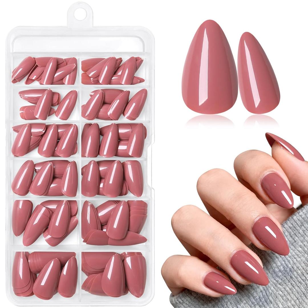 240pcs Dusty Rose Press on Nails Almond- Short Press on Nail pink in 12 Sizes for Women & Girl, Glossy Short Nails Press on Almond Fully Cover Acrylic Fake Nail with Glue & Jelly Tabs