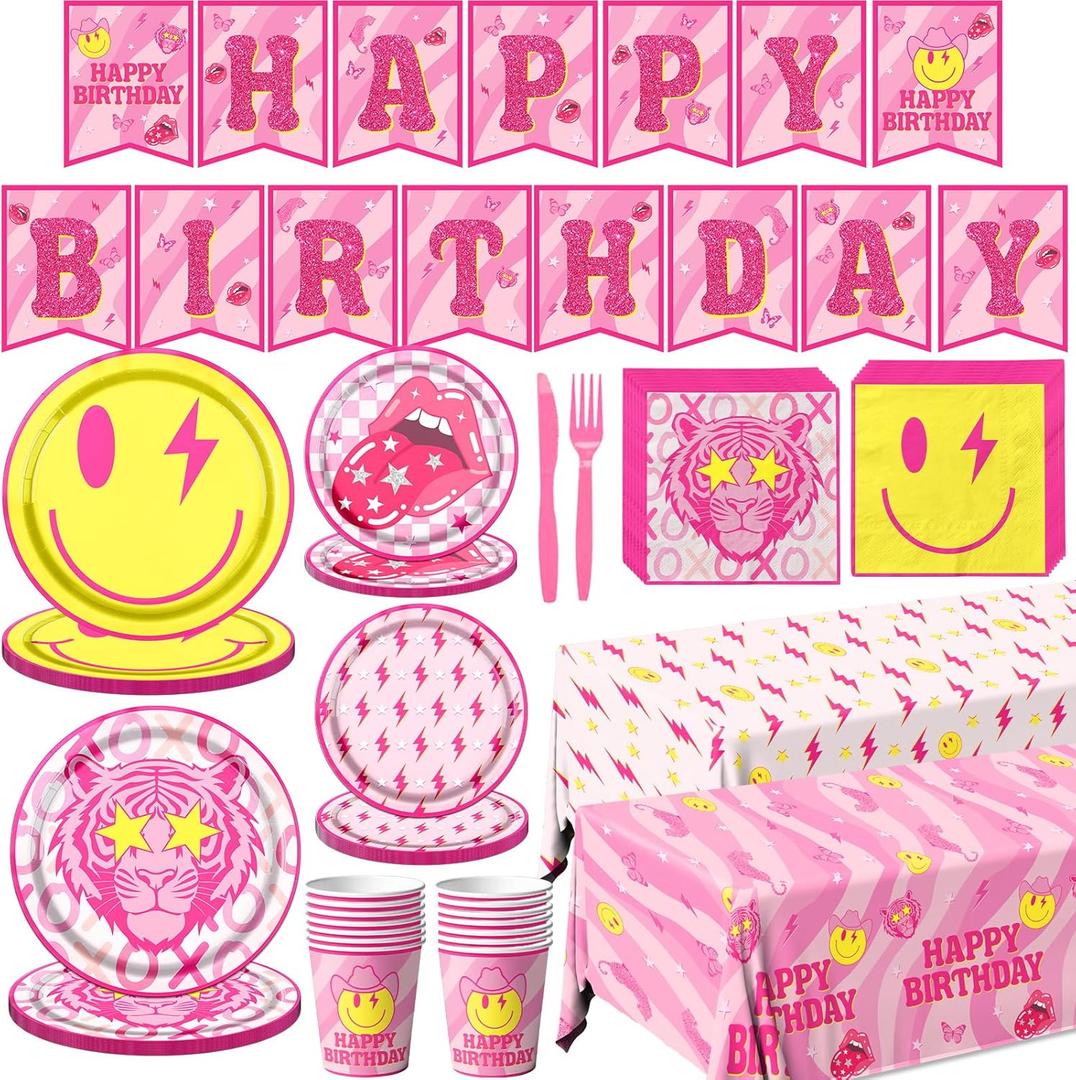 143pcs Preppy Birthday Decorations-Pink Smiley Face Plates Napkins Tablecloths Y2k Tableware for Girls Bachelorette Birthday Party Supplies