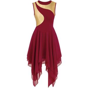 Praise Dance Tunic Dresses for Women Sleeveless Gold Color Block Irregular Flowy Skirt Worship Lyrical Dance Costume (Large, 038 Red)