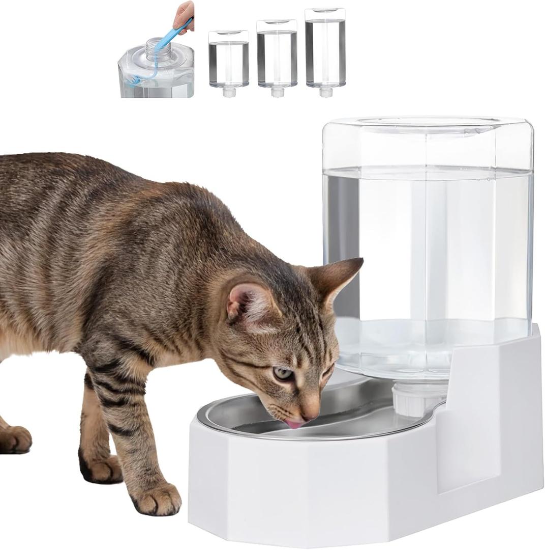 Sfozstra Large Dog Water Dispenser: 4L Stainless Steel Gravity Cat Water Feeder - Quiet Refill - No Power Needed - for Kittens & Cats - Bedroom/Kitchen Corner/Crate Area (4L Without Filter, White)