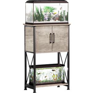 Herture 5-10 Gallon Fish Tank Stand, Metal Double Aquarium Stand with Cabinet for Fish Tank Accessories Storage, Heavy Duty 20.5" L* 11.02" W Tabletop, 500LBS Capacity Grey PG06YGZ