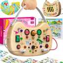 Montessori Toddler Busy Board, Wooden Busy Board with 17 LED Lights Switch, Travel Toys for Toddlers 1-3 Years,Toddler Sensory Boards, Toys for 1 Year Old Girls (Pink Card Set)