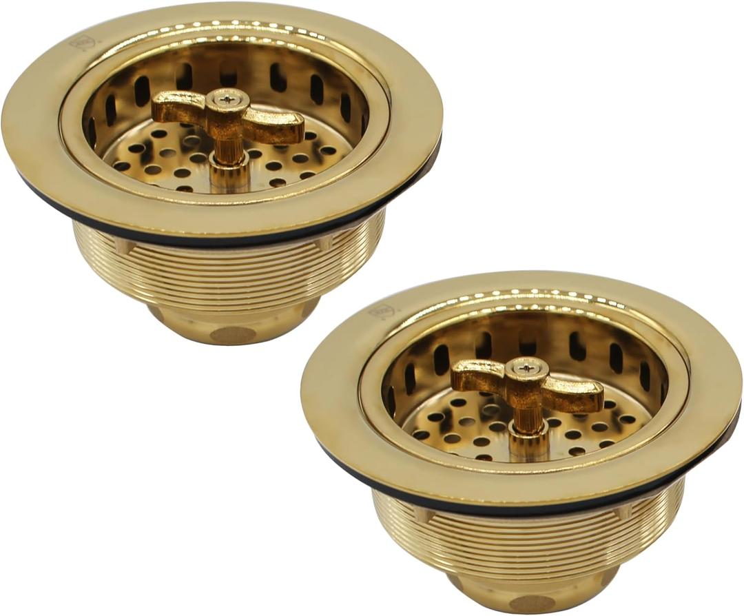 Westbrass Wing Nut Style Large Kitchen Sink Basket Strainer, 2 Pack, Polished Brass, D2135-01