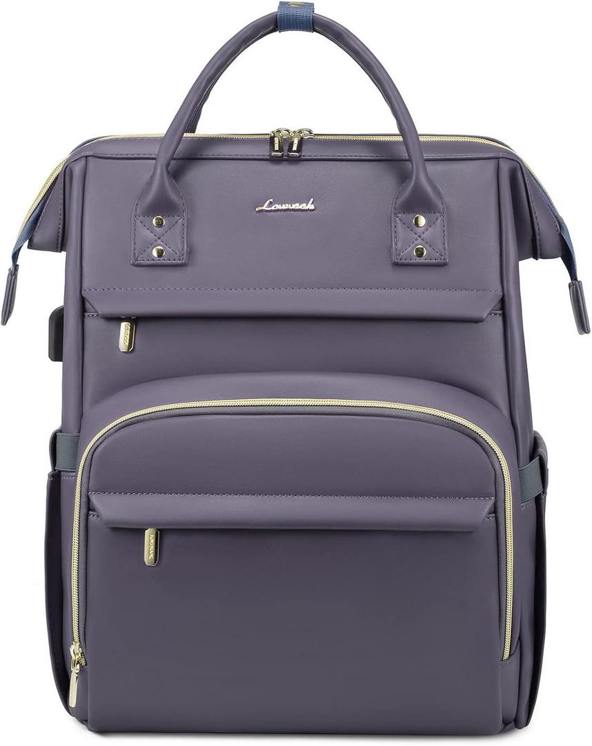 LOVEVOOK Leather Laptop Backpack for Women 15.6 inch,Travel Backpack Purse Nurse Teacher Backpack Computer Laptop Bag,Professional College Business Work Bag Carry On Backpack with USB Port,Grey Purple