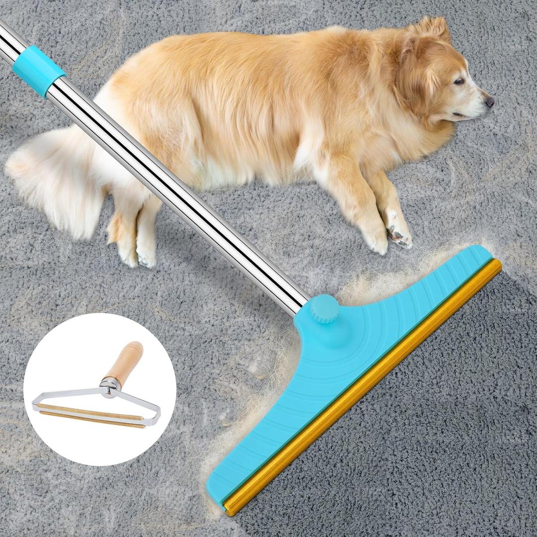 Carpet Rake for Pet Hair Removal - Reusable Pet Hair Remover, 60 Adjustable Long Handle Cat Dog Carpet Rake Scraper, Dog Hair Rake Brush for Rugs, Mats, Couch, Furniture (60, Blue)