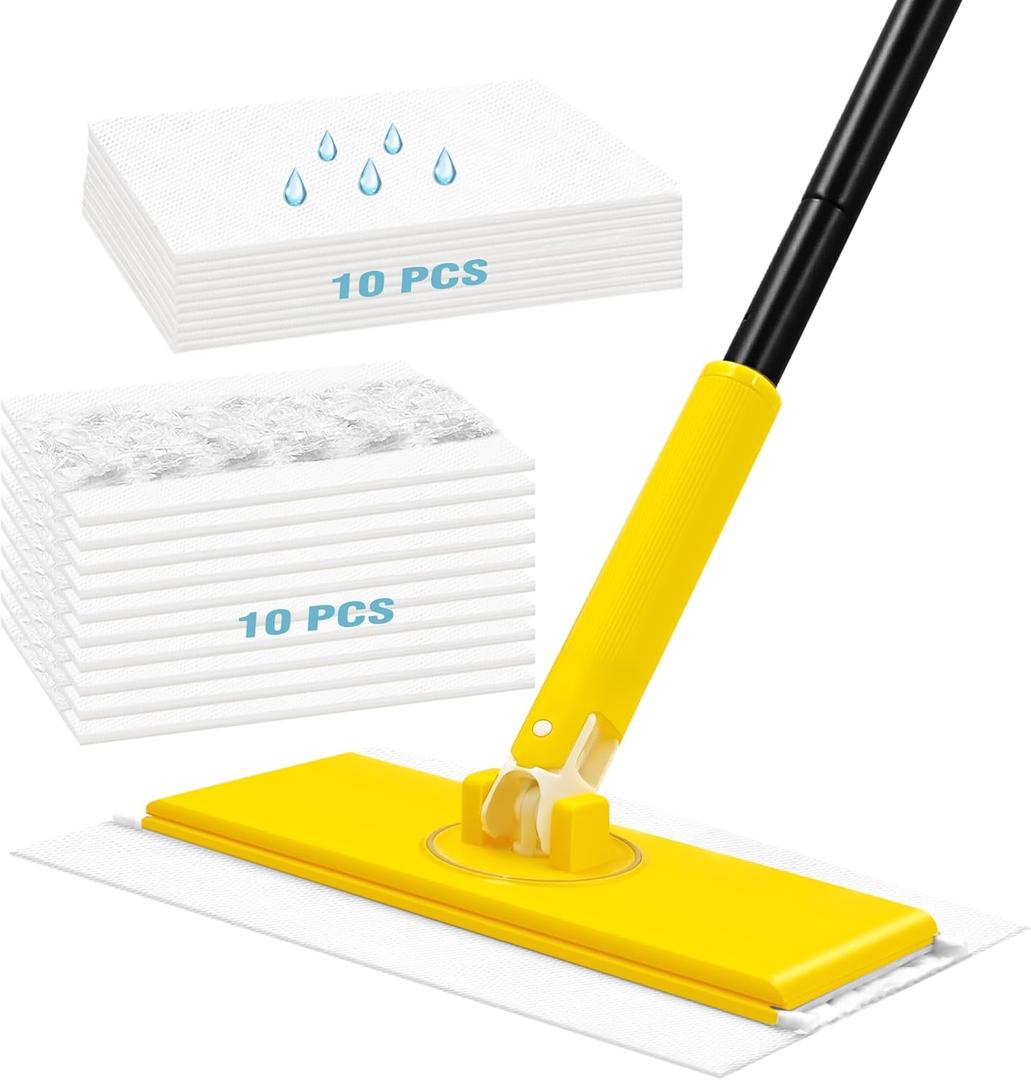 NEWE Sweeper Mop, 2-in-1 Starter Kit for Swiffer 10 Dry Sweeping Cloths and 10 Wet Mopping Pads, Disposable Duster for Cleaning Wood Hardwood Floors Wall Kitchen Bathroom College Dorm