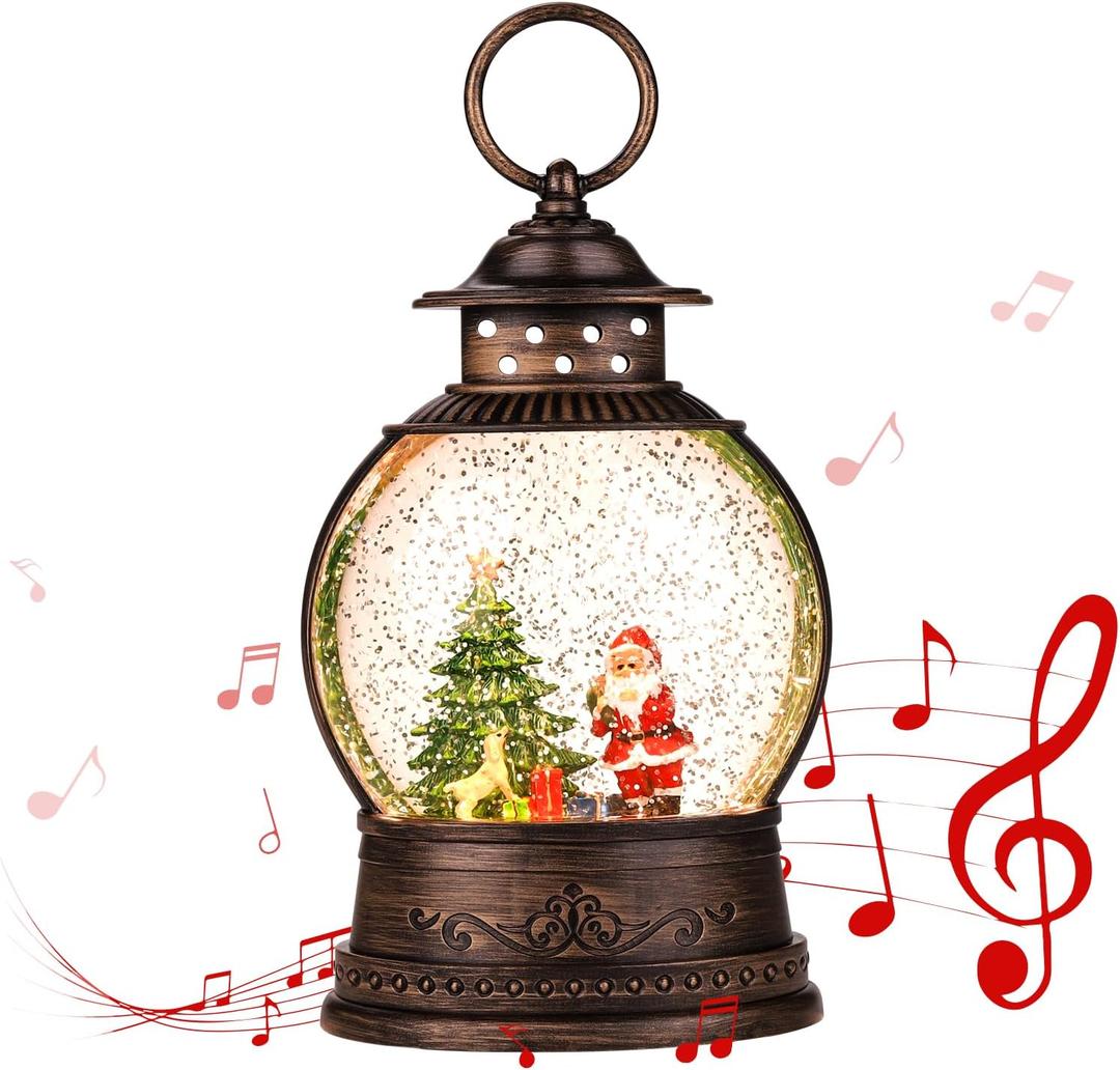 Christmas Snow Globes Christmas Decorations Indoor-Lighted Musical Snow Globes Lantern, Santa Decoration Indoor Home Dcor & Gift, 6H Timer, USB/Battery Operated (White)