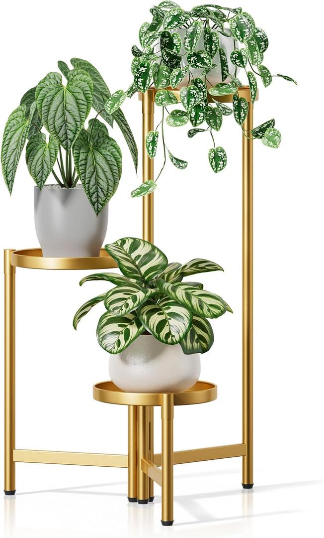 3 Tiered Plant Stand Indoor for Multiple Large Planter, Tall Heavy Duty Adjustable Folding Rack with Rustproof 7.9 Inch Wide Tray, Gold Plant Shelf for Corner Living Room - GoldDisk