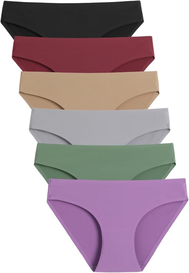 Caterlove Women's Seamless Underwear No Show Stretch Bikini Panties Silky Invisible Hipster 6 Pack (L)