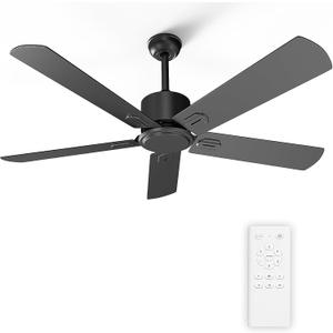 52 Inch Ceiling Fan No Light - Outdoor Indoor Flush Mount Low Profile DC Motor Fan with Remote, 5 Blades Reversible Silent Fan for Patio, Bedroom, Living Room, Garage (Black)
