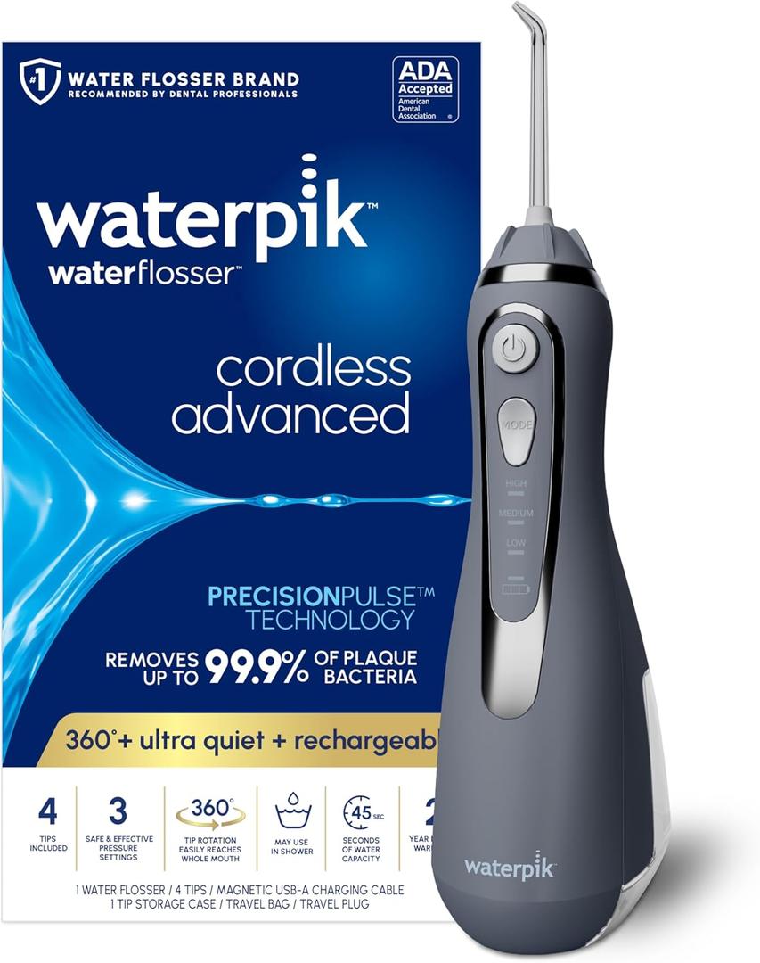 Waterpik Cordless Advanced 2.0 Water Flosser For Teeth, Gums, Braces, Dental Care With Travel Bag and 4 Tips, ADA Accepted, Rechargeable, Portable, and Waterproof, Gray WP-587