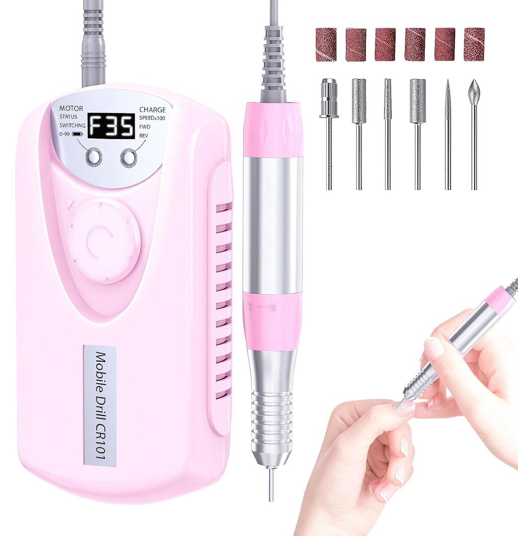 Electric Nail Drill Professional, 35000RPM Nail File Machine with Bits Set & Fast Cooling, Portable for Acrylic Gel Nail Polishing Removing, Manicure Pedicure at Salon & Home Use, Gift for Women (Light Pink)