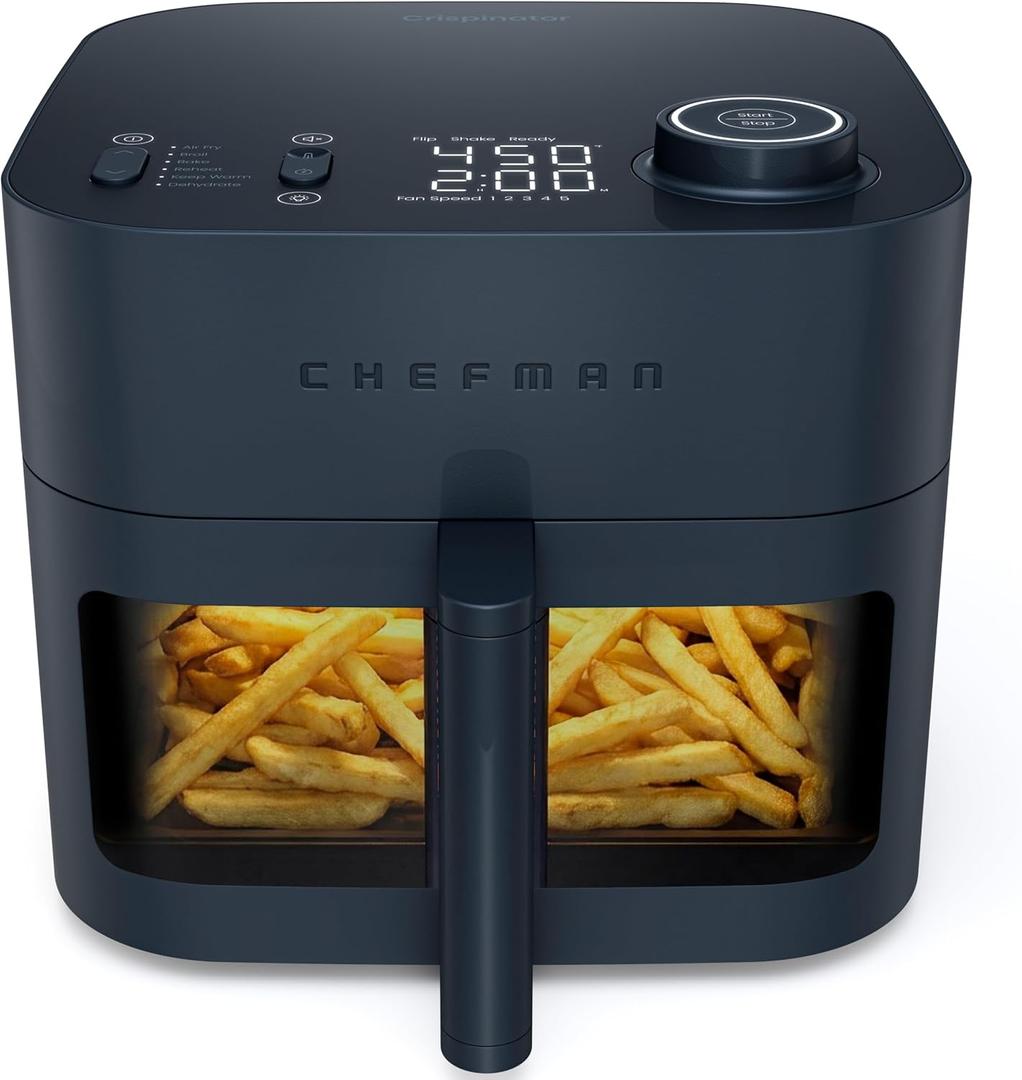 Chefman Crispinator Air Fryer 6-in-1 with 8 Qt capacity, 450F Max Temp with TurboFry Pro Technology for Fast and Even Results, Viewing Window, Nonstick Ceramic Basket (Midnight)