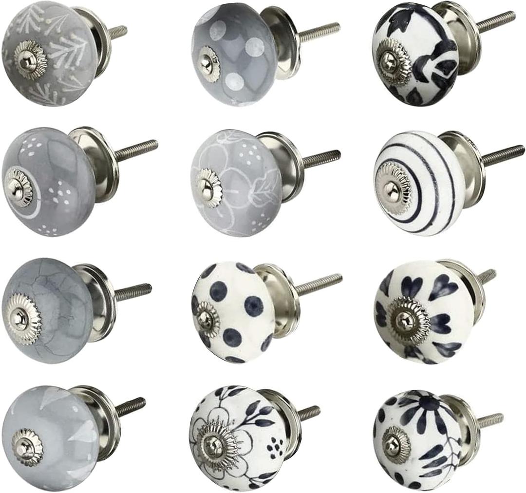 Decorative Knobs for Kitchen Cabinets and Drawers- Grey and White Drawer Pulls with Hand Painted Designs - Ceramic Wardrobe, Cupboard, & Bathroom Cabinet Knobs - 12 Pack