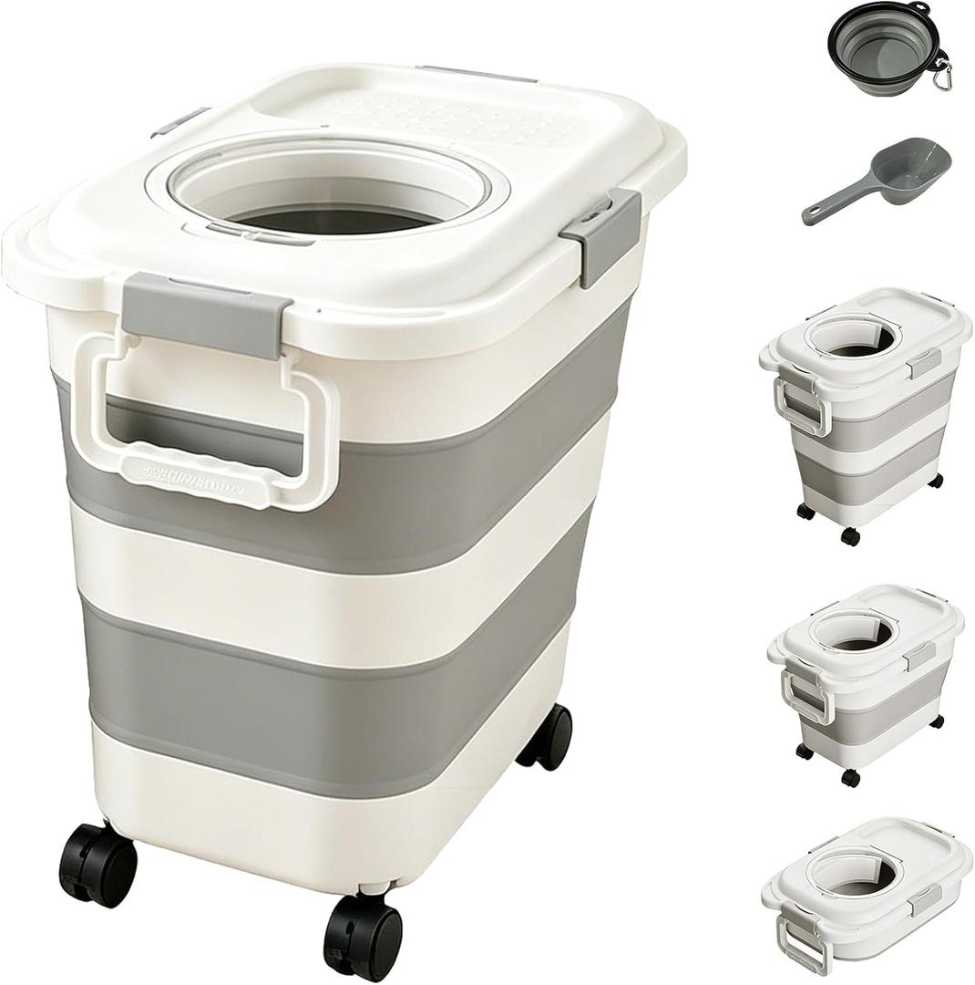 Dog Food Storage Container with Wheels, Foldable Airtight Pet Food Bin with Locking Clips and Transparent Top Lid, Space Saving Storage for Dog Food, Cat Food and Dry Pet Supplies (White)