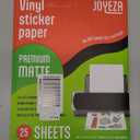 JOYEZA Premium Printable Vinyl Sticker Paper for Inkjet Printer - 25 Sheets Matte White Waterproof, Dries Quickly Vivid Colors, Holds Ink well- Tear Resistant - Inkjet & Laser Printer