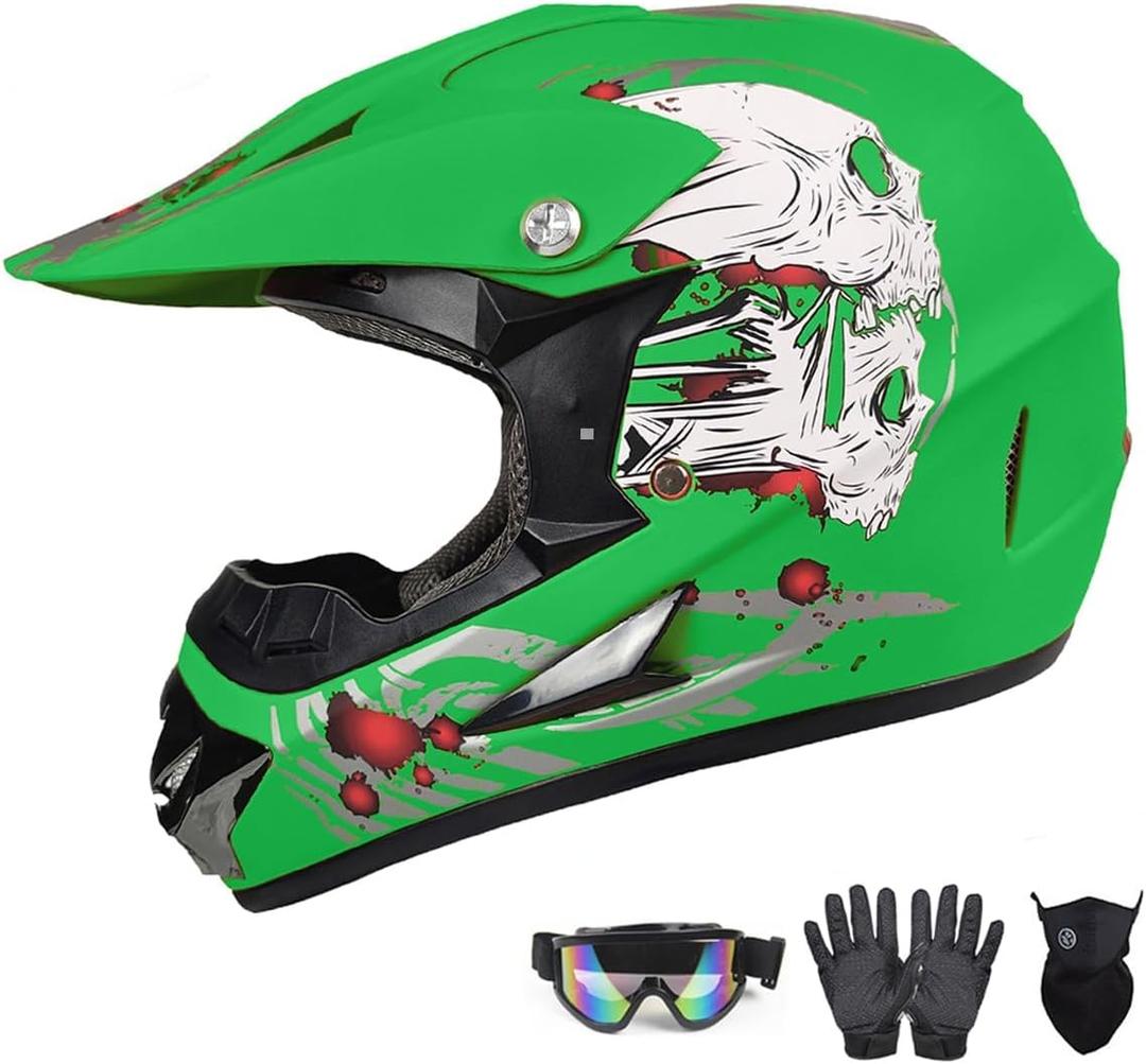 DOT Approved Youth Kids Motocross Helmet - Ultra-Lightweight Full Face Dirt Bike/ATV Helmet with Goggles, Gloves & Face Shield (4-Piece Set) (Large)