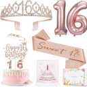 Sweet 16 Birthday Party Decorations for Girls, Sweet 16 Sash and Tiara, Pop up Card, Cake Toppers, Number Candles and Balloons, 16th Birthday Gifts for Girls